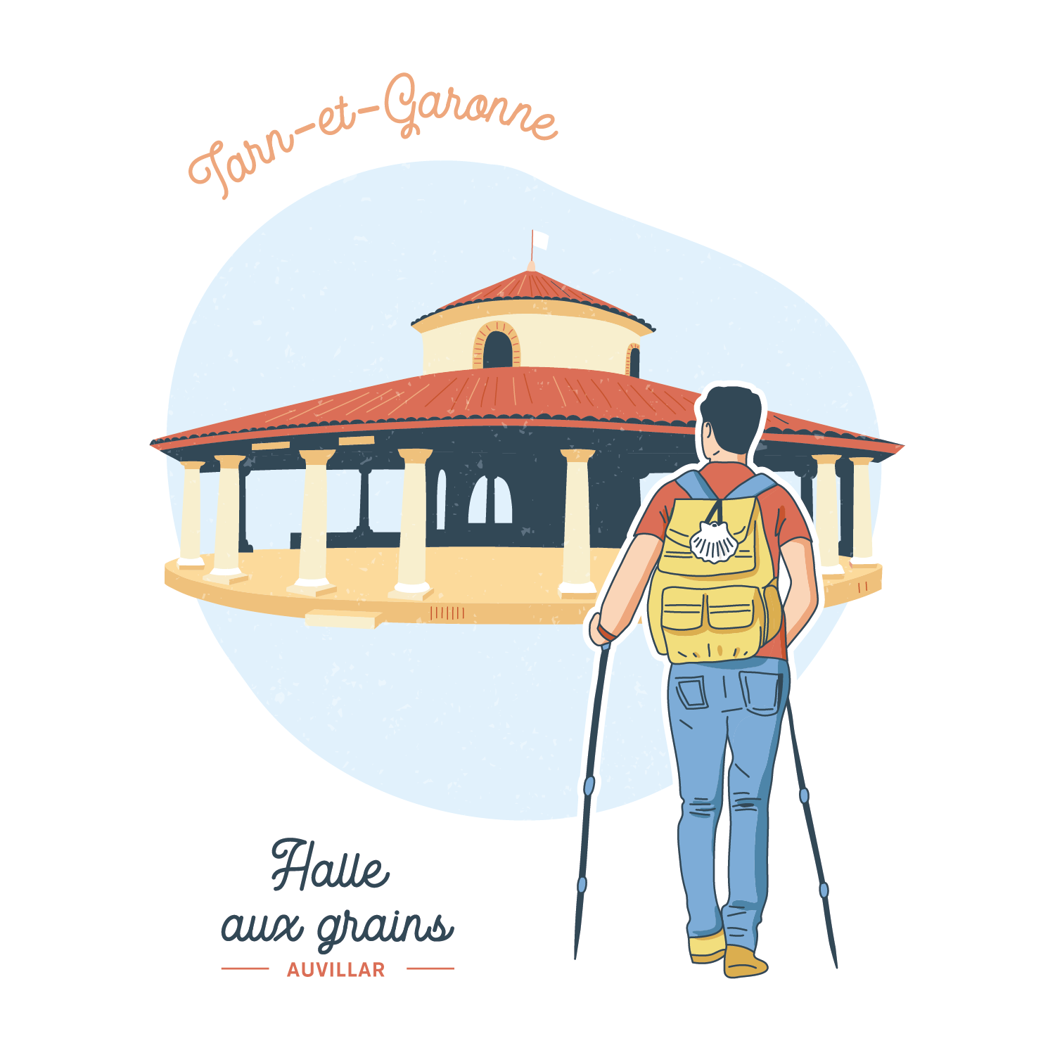 Un randonneur du Chemin de Compostelle découvre le monument historique de la Halle aux Grains d'Auvillar