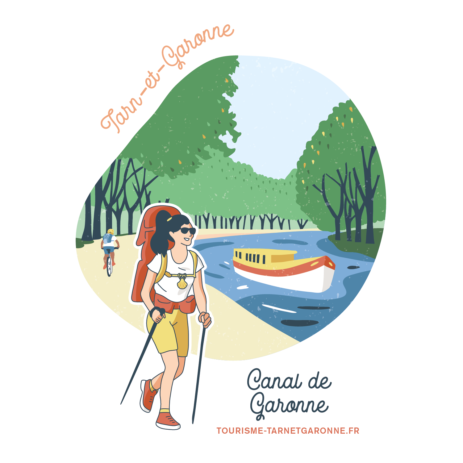 Une marcheuse avec des batons de randonnée se balade le long du Canal des deux mers avec une péniche et un cycliste