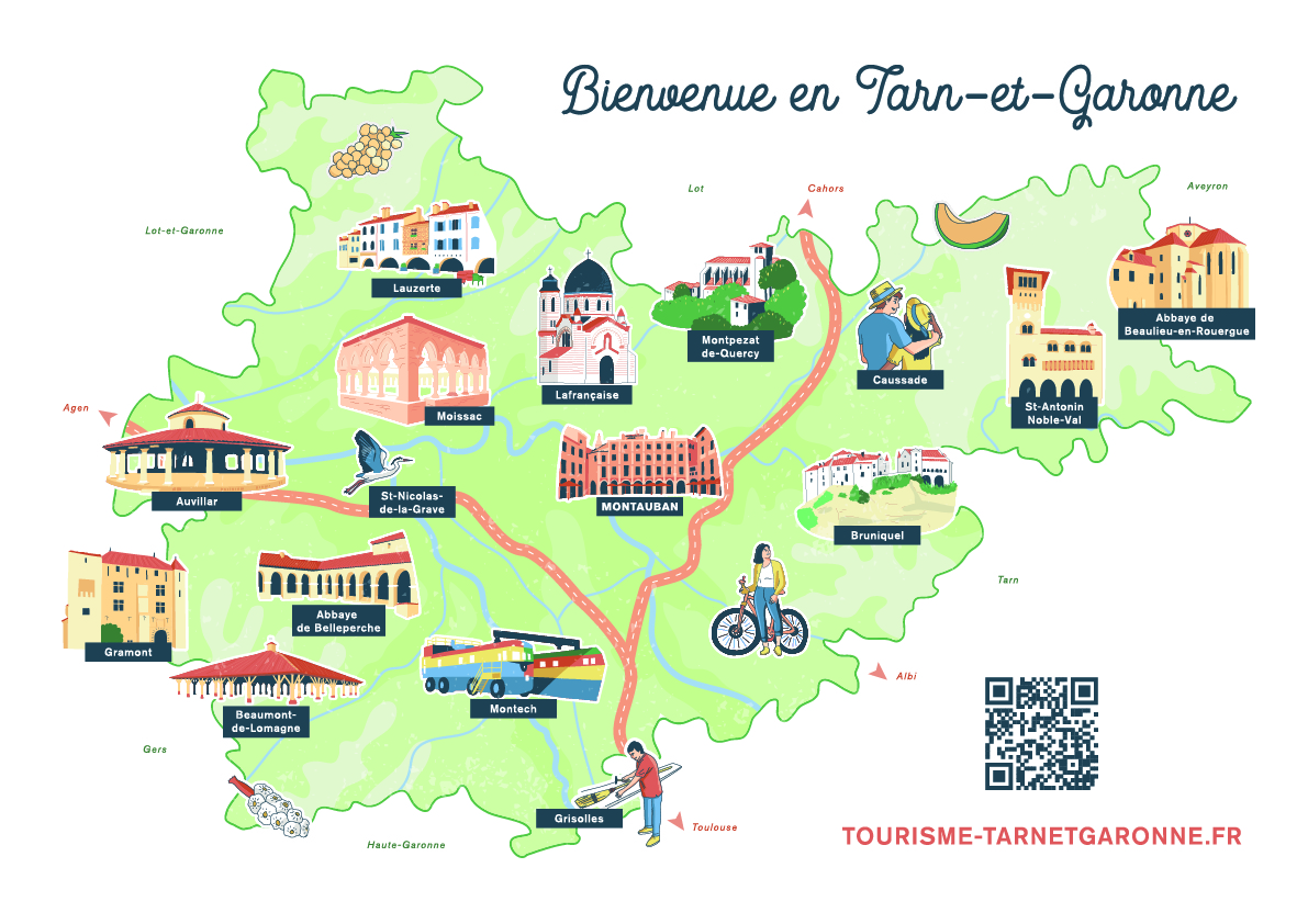 Carte illustrée et touristique du Tarn-et-Garonne, montrant différents sites touristiques et centres d'intérêts. 