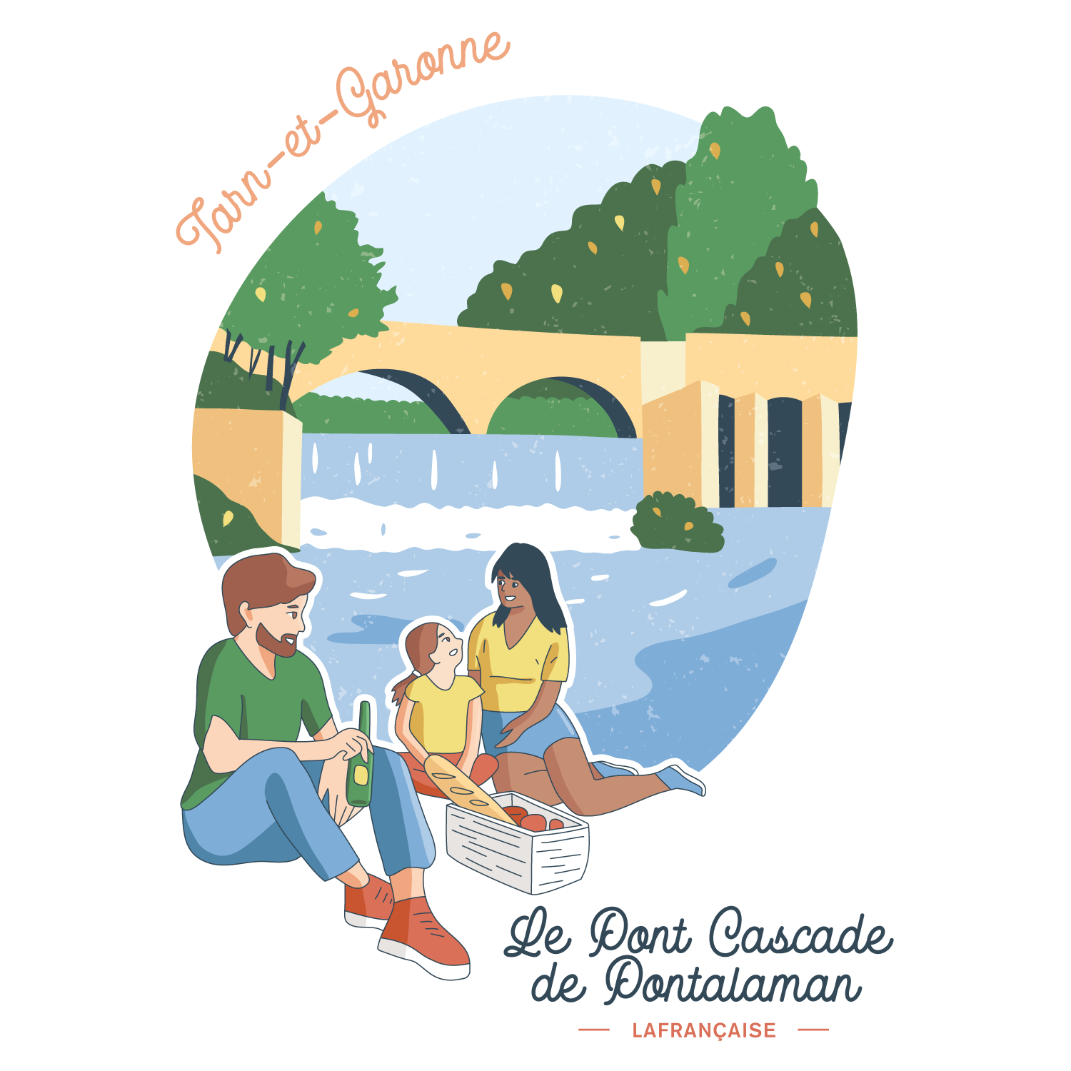 Pique-nique en famille au bord de l'eau et du pont cascade de Pontalaman, à Lafrançaise