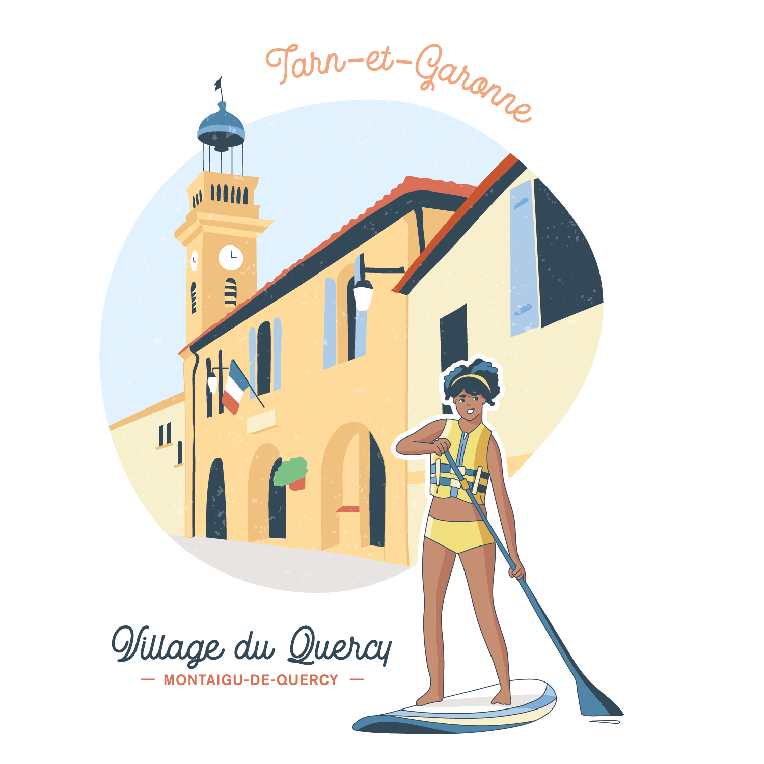 le centre-ville de Montaigu-de-Quercy, village du Quercy est mis en avant, avec une jeune fille qui fait du paddle