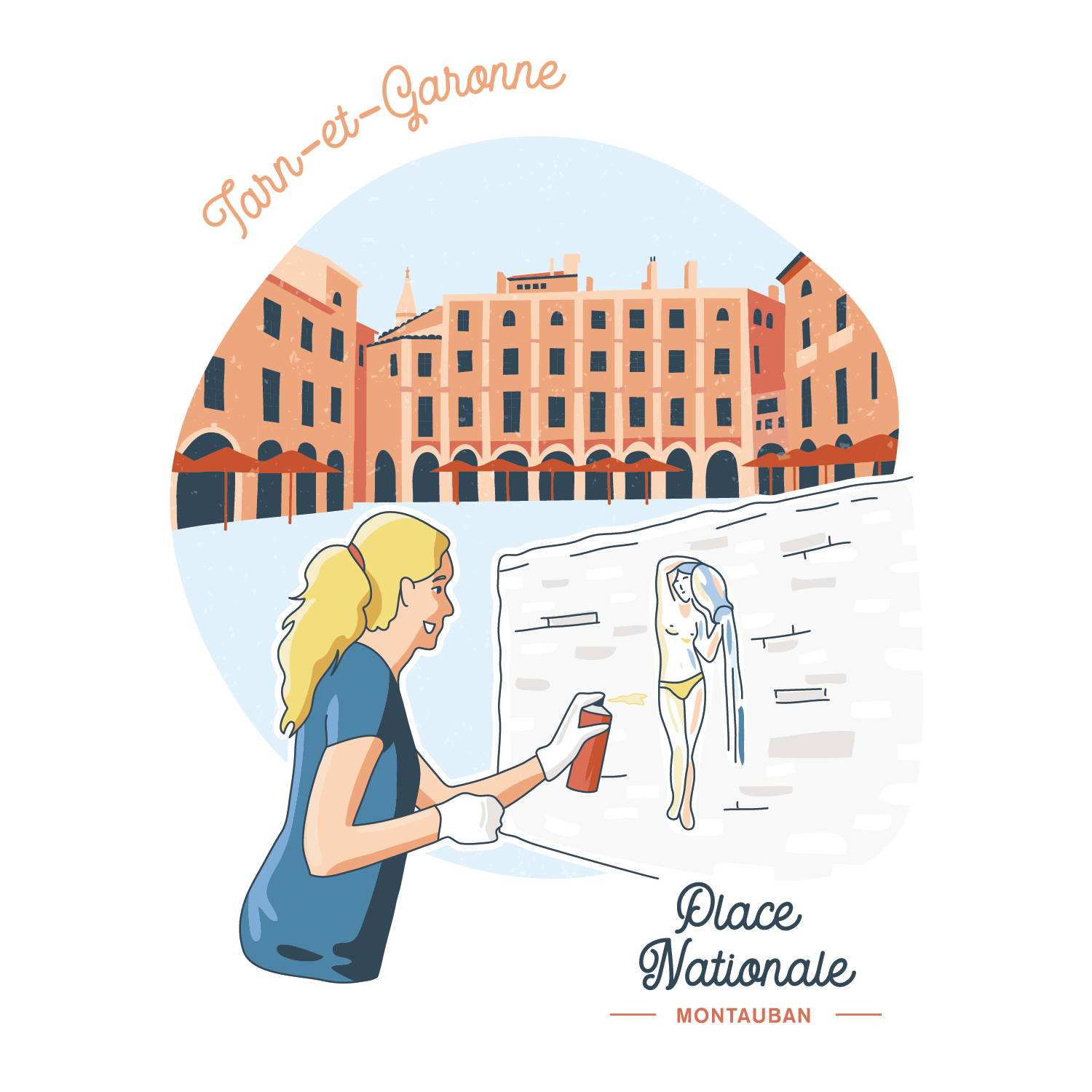 La place Nationale de la préfecture du Tarn-et-Garonne, Montauban, est mise en avant, ainsi que son street-art