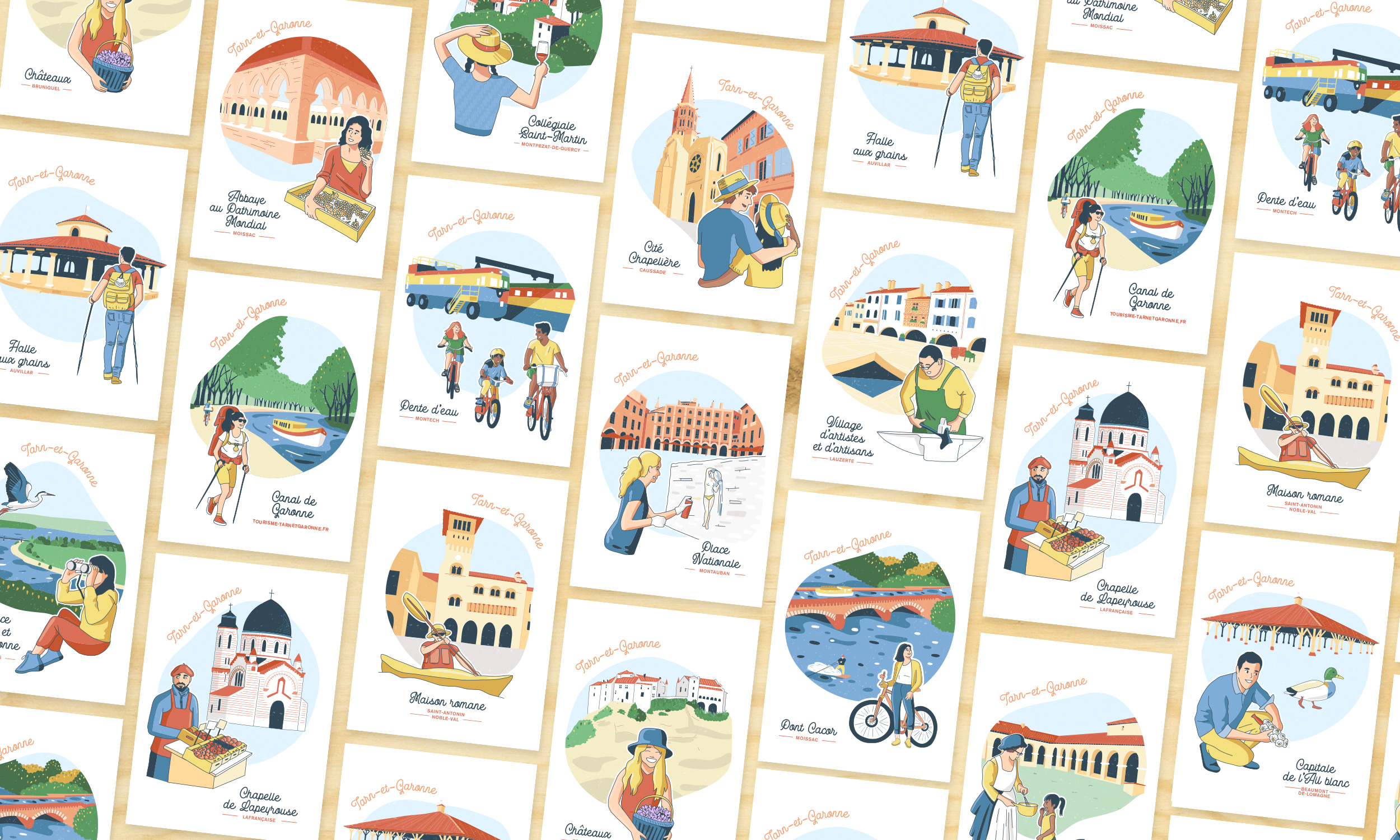 Série de cartes postales illustrées du Tarn-et-Garonne représentant des paysages typiques et des lieux touristiques du département